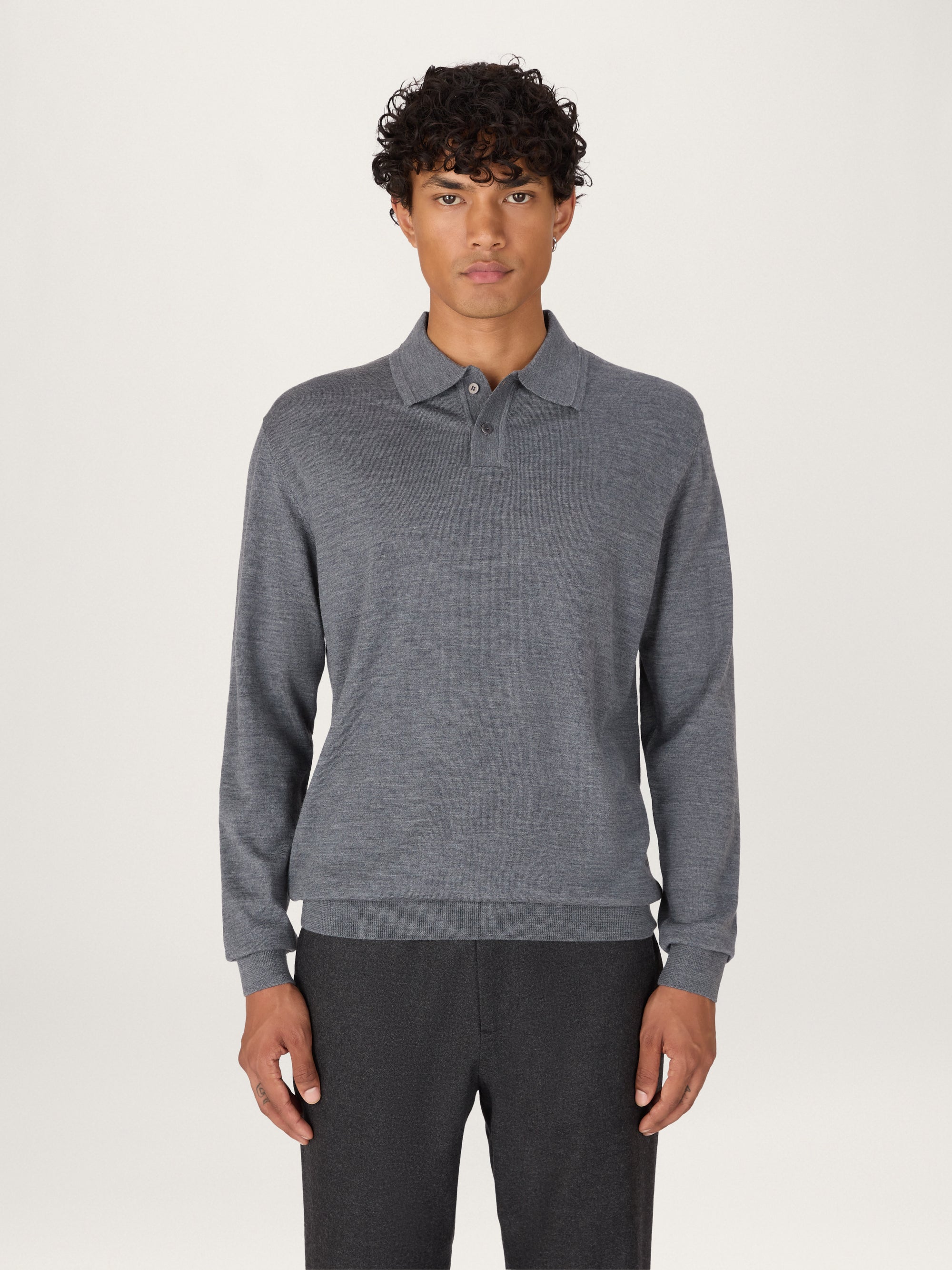 The Long Sleeve Polo || Grey | Merino Wool